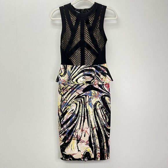 Bebe Bodycon Peplum Lace Neoprene Bright Colorful Midi Dress Sleeveless Black XS - Picture 3 of 16